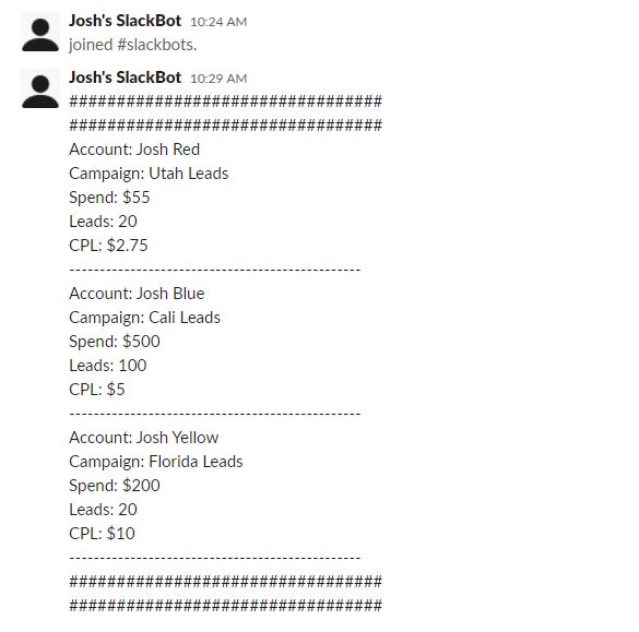 Example formatted marketing data delivered by the Slackbot